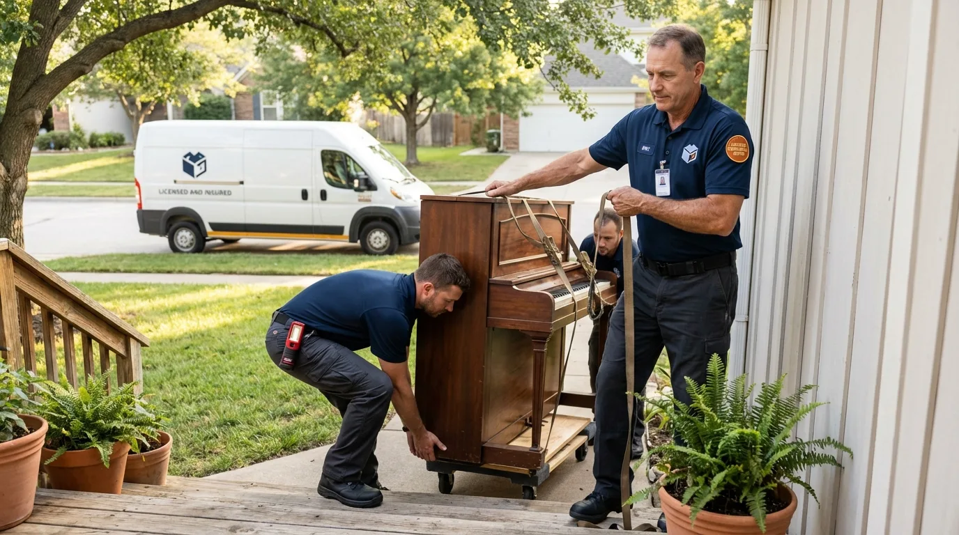 Licensed piano movers securing grand piano in Grand Island, NE