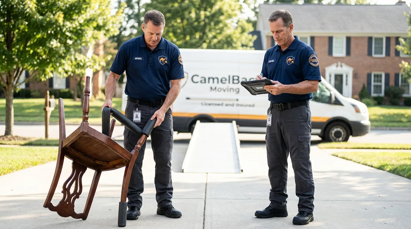 Movers inspecting furniture for damage prevention before loading in Grand Island, NE