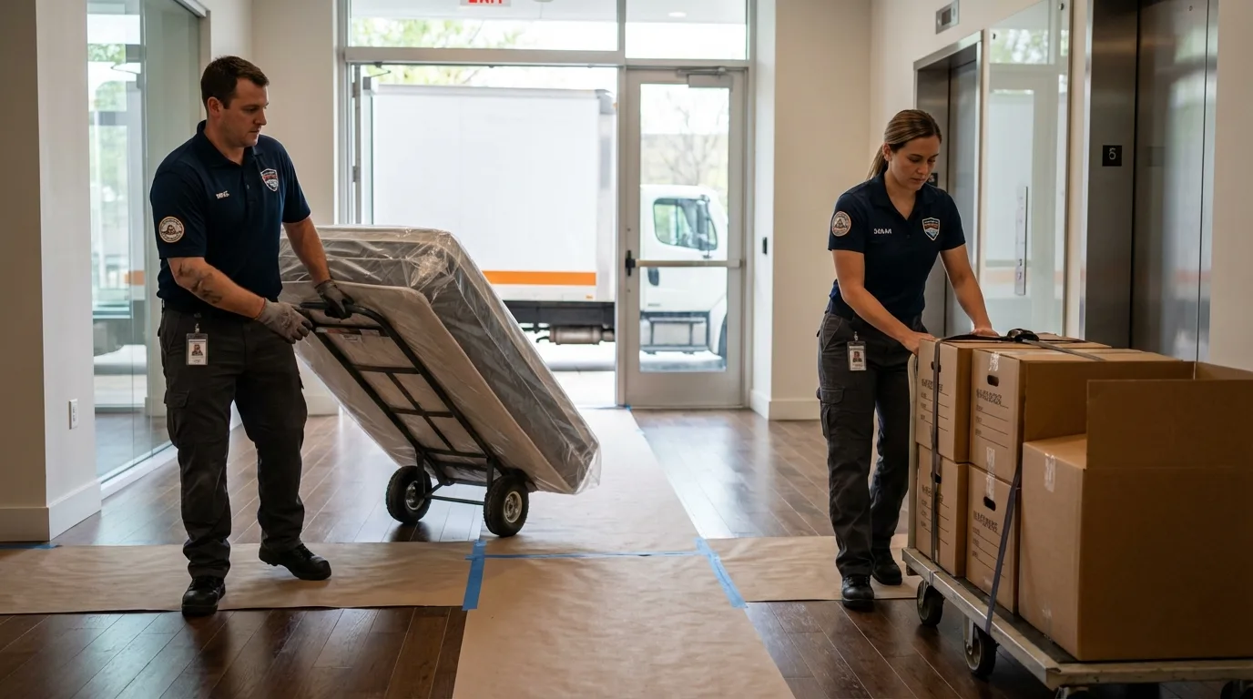 Professional apartment movers loading elevator in Grand Island, NE
