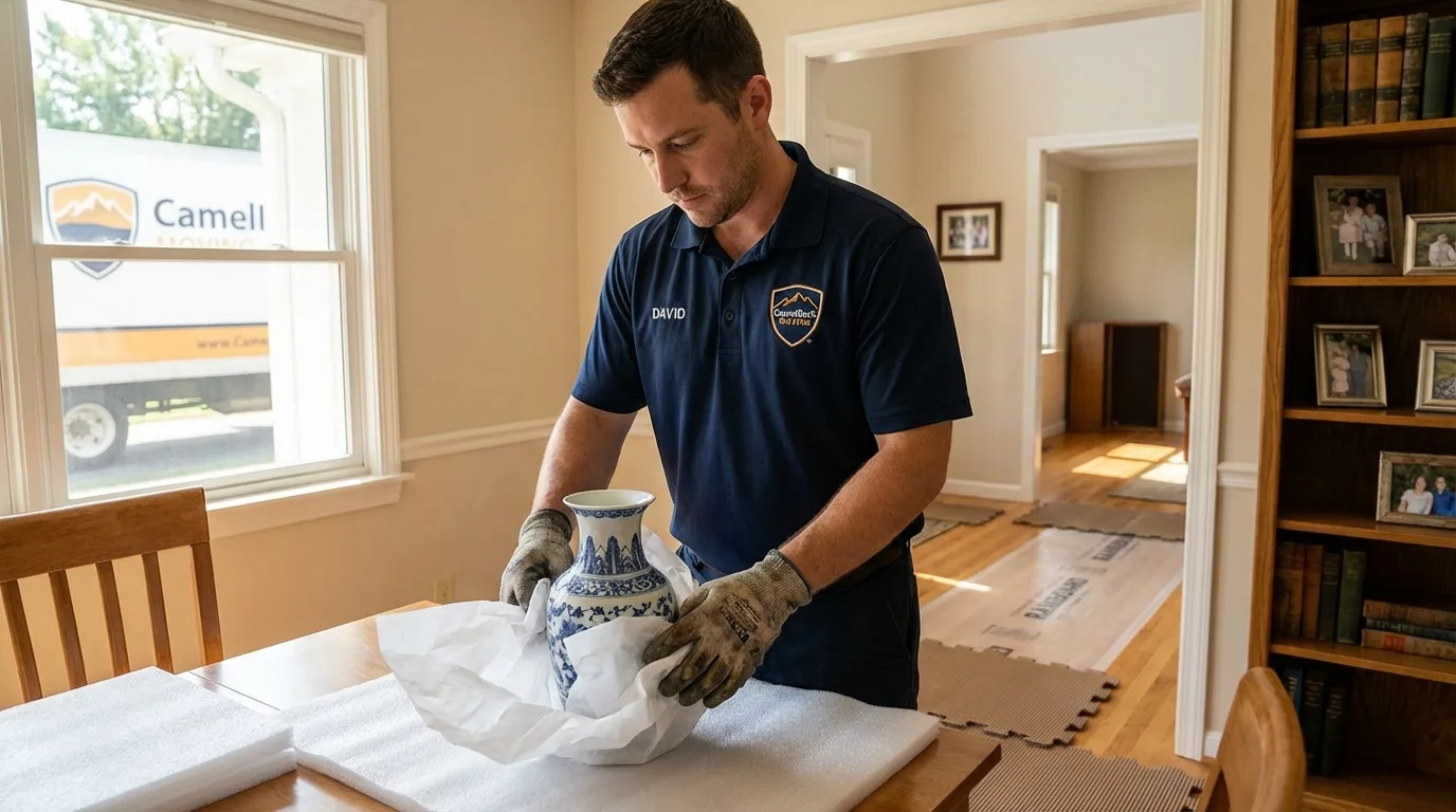 Professional crew carefully wrapping antique vase for senior downsizing move in Grand Island, NE